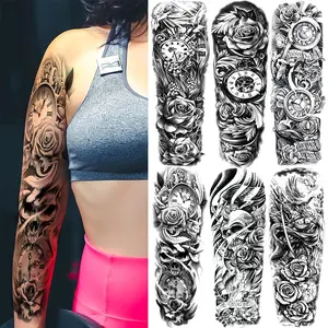 6-Piece Floral Skull Temporary Tattoo Sleeves, Waterproof Dove Clock Rose Design, Unisex Arm Leg Tattoos for Parties Events Casual Wear, Sticker Tattoos