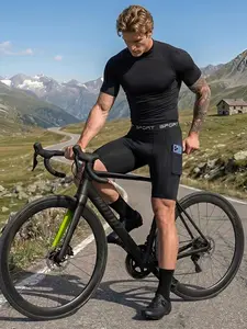 2-Piece Men's Sport Compression Workout Set Black Short Sleeve & Tight Pocket Shorts for Cycling Running Gym Training Biking Quick-Dry Elastic Athletic Yoga Bodybuilding Weightlifting Outdoor Base Layer.