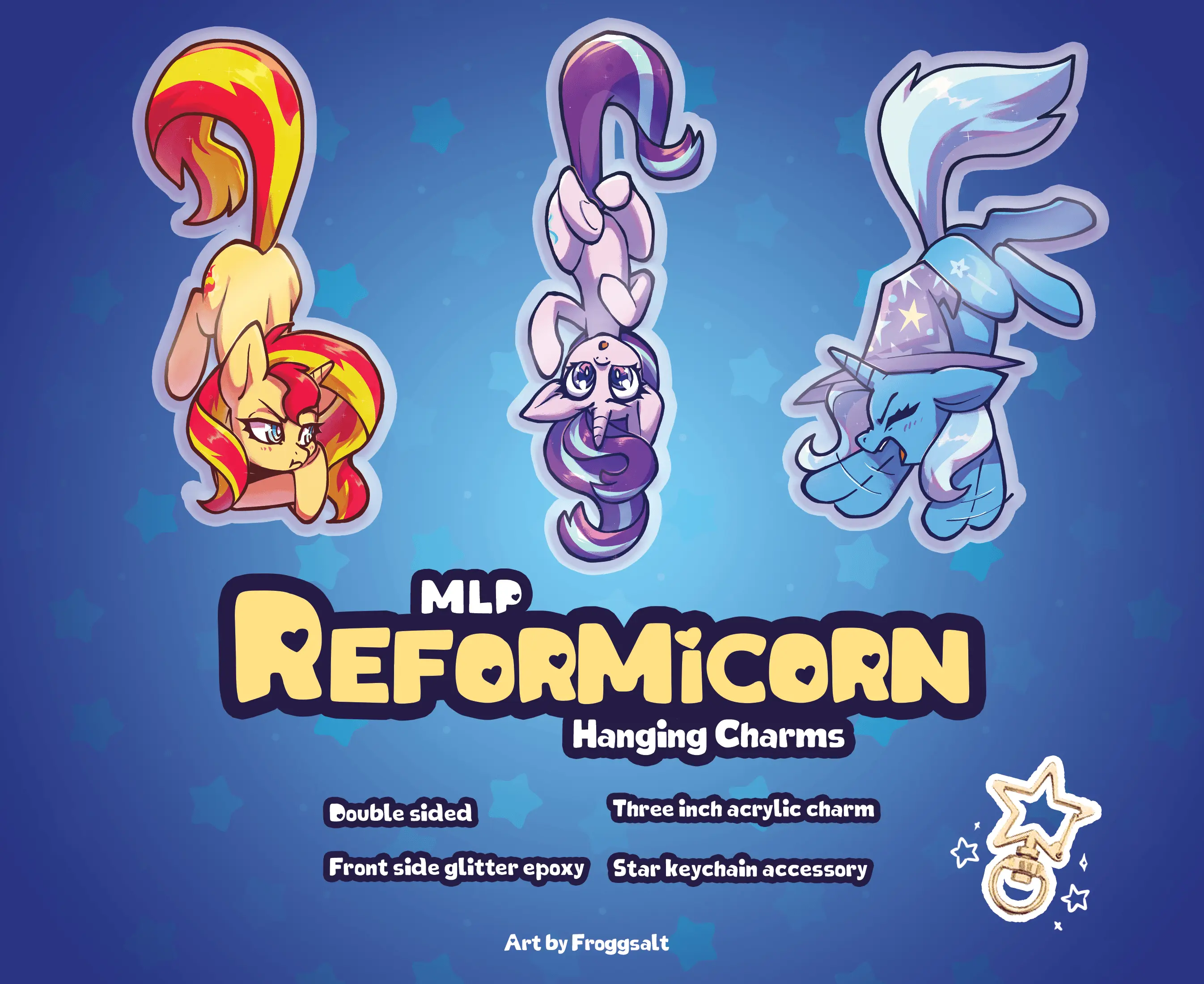 MLP Reformicorns Keychains - Sunset Shimmer, Starlight Glimmer, Trixie Lulamoon: 3 Inch Acrylic Double-Sided Charm with Glitter Epoxy Finish