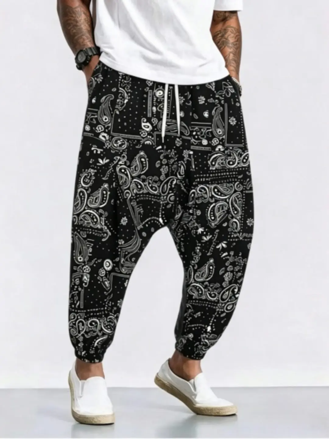 Men's Bandana Print Drop Crotch Harem Pants - Aesthetic, Comfy, Contemporary, Easy, Grunge Menswear, Casual Loose Drawstring Waist Joggers with Ankle Cuffs, Streetwear Hip Hop Trousers, Aesthetic Men's Pants, Comfy Men's Pants