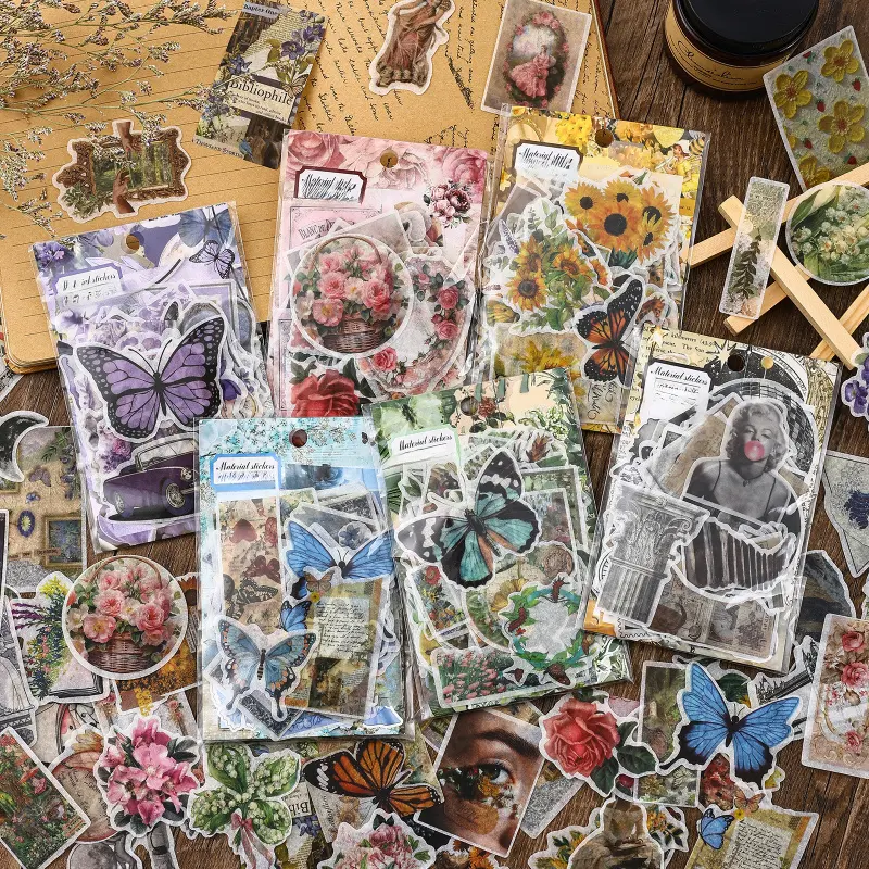 6-Set PET Waterproof Self-Adhesive Floral Paper Decoration Stickers (600 Total), Retro Instagram-Style DIY Embellishment Supplies for Journal, Office Stationery