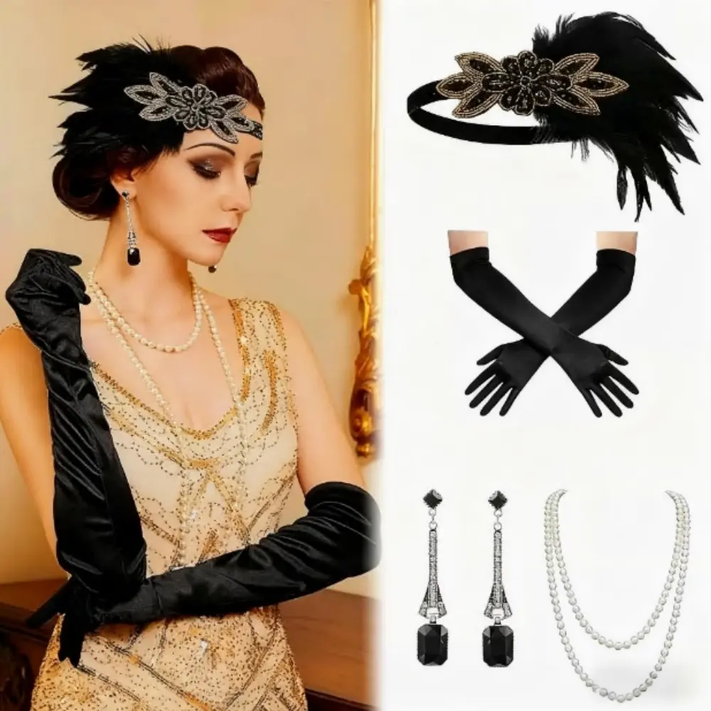 Women's 4pcs Mix Vintage Fashion Accessories Set - 1920s-1940s Elegant Retro Satin/Elastic Feather/Rhinestone Headpiece, Necklace, Earrings, Beaded Bracelet-Like Cuff for Halloween, Themed Events