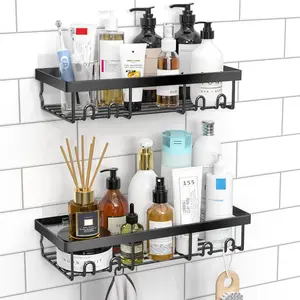 Shower Caddy Shelf Organizer Rack, Self Adhesive Black Bathroom Shelves Basket, Home Farmhouse Wall Inside Organization and Storage Decor Rv Accessories, First Camper Apartment Essentials