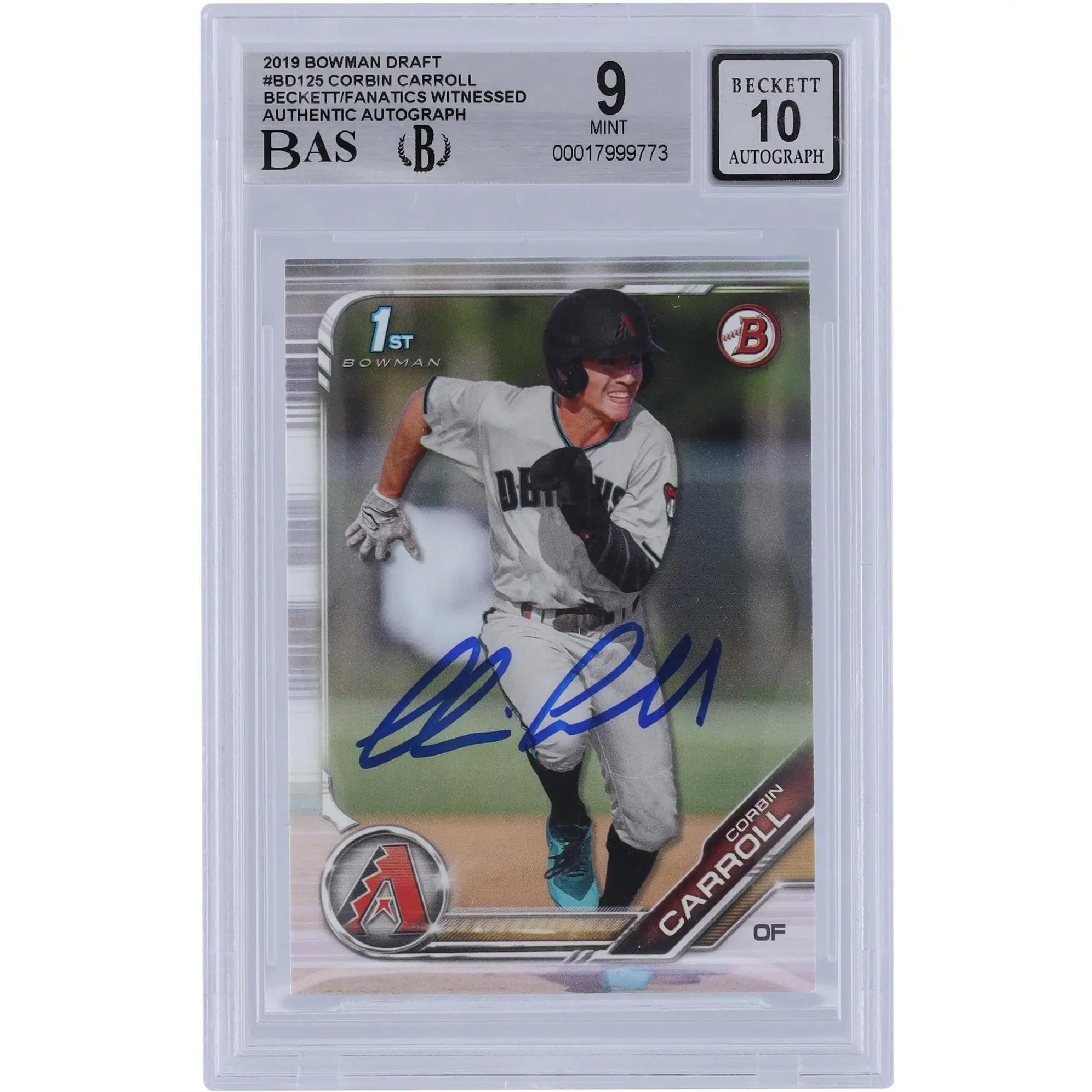 Corbin Carroll Arizona Diamondbacks Autographed 2019 Bowman Draft #BD-125 Beckett Fanatics Witnessed Authenticated 9/10 Card - Fanatics Authentic Certified