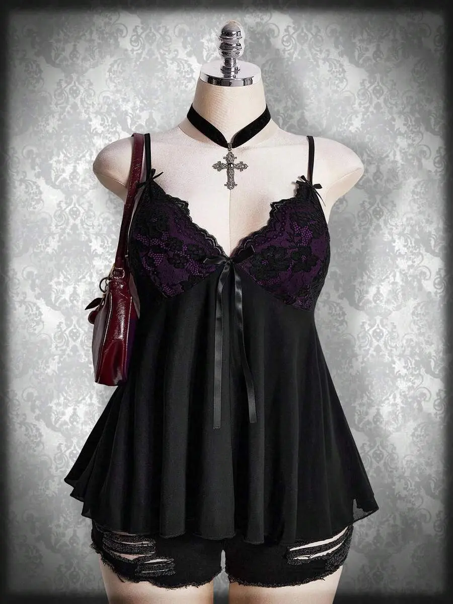 Women's Plus Size Lace Camisole Contrast Lace Spaghetti Strap Tank Top for Valentine's Day
