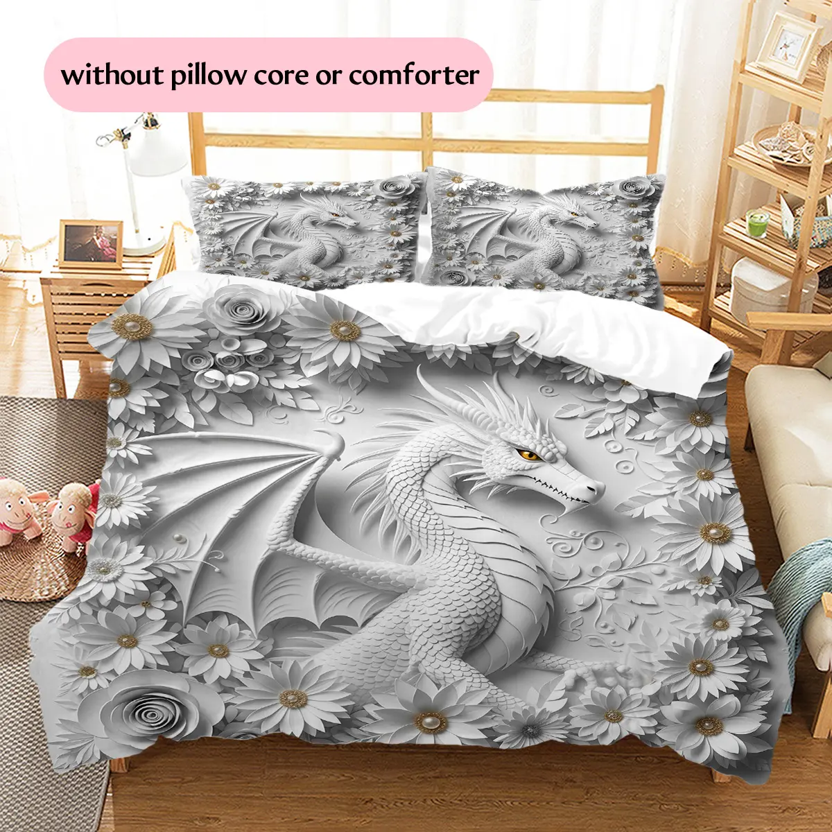 Embossed Western Dragon  Printed bedding set, duvet cover and pillowcases, home decor, Christmas decoration, bedroom duvet cover, Christmas gift, birthday gift (1 * duvet cover + 2 * pillowca
