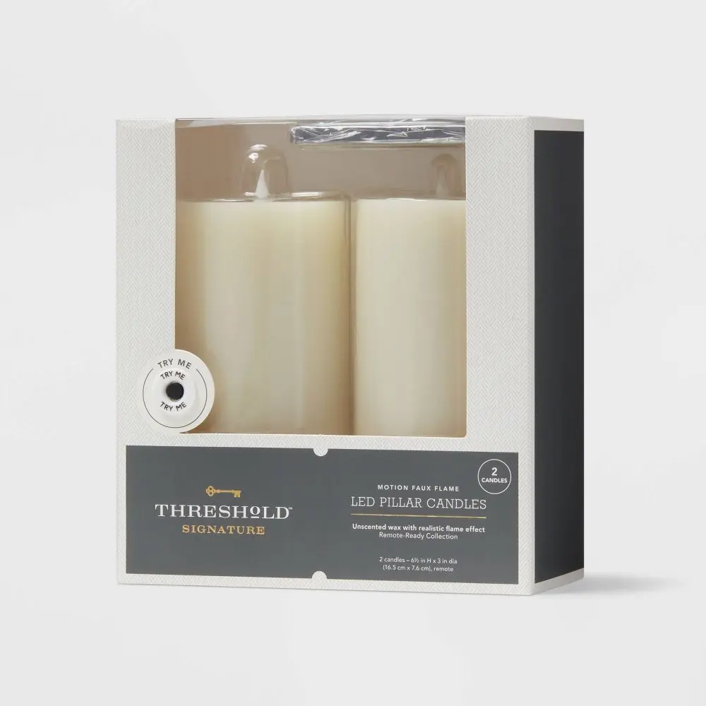 2pc Threshold 3" x 6" LED Flameless Flickering White Pillar Candles w/ Remote