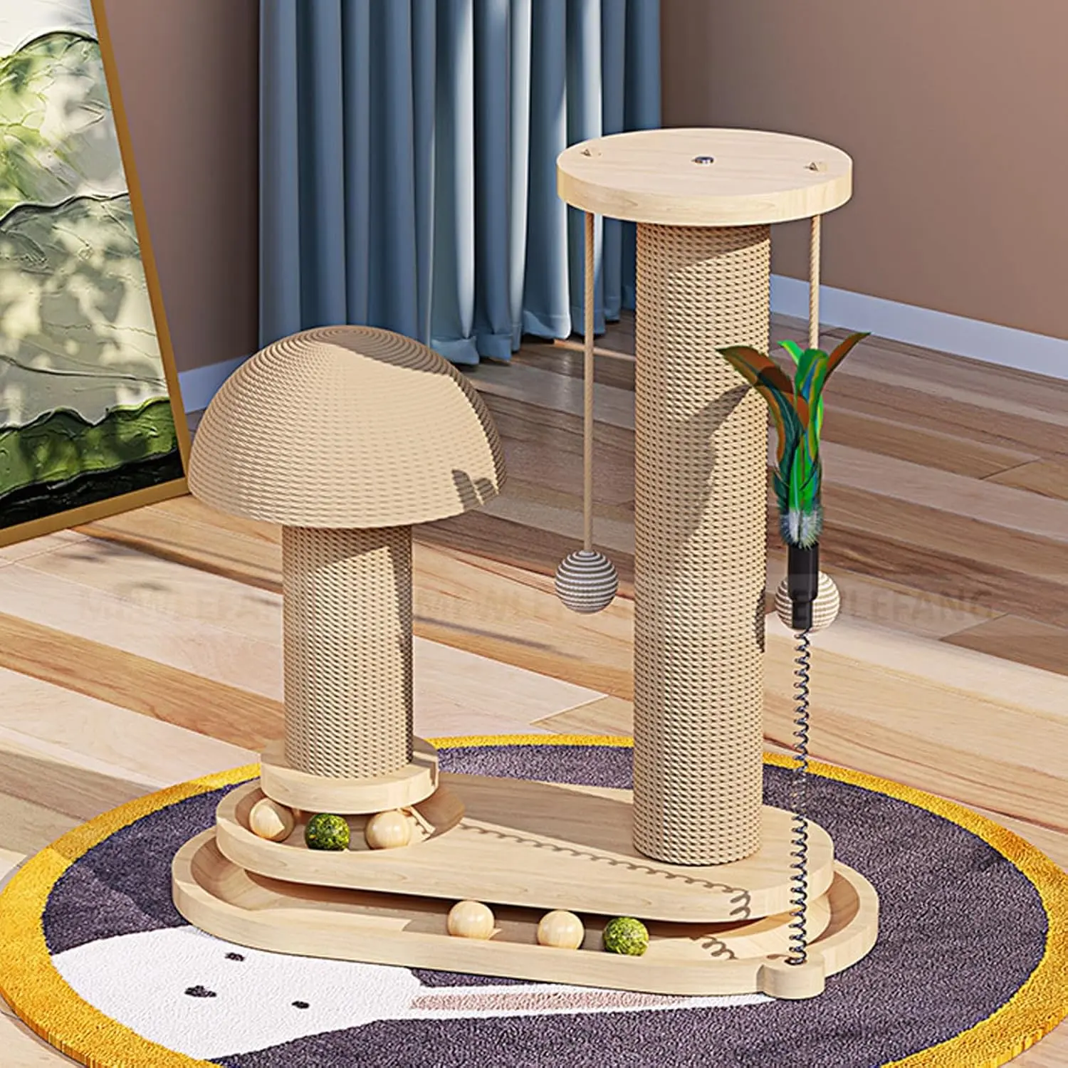 Sisal Scratching Posts - Medium-Size Modern 2-Layer Vertical Cat Scratcher with Wooden Ball Track, Dangling Ball, Captivating Feathers, Claw Care Furniture Saver for Indoor Cats, Home Office & Bedroom Use, 3-Layer Plank Track