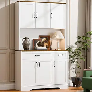 Cozy Castle 71" Tall Kitchen Hutch Cabinet with Drawers and Power Outlet, Farmhouse Pantry Storage Cabinet, Large Wood Coffee Bar Microwave Stand Cupboard for Dining Room Living Room