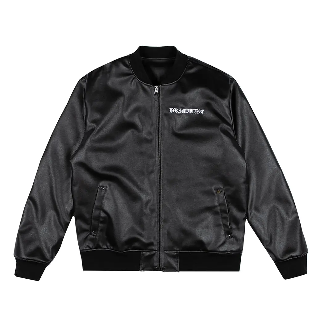 Primitive Skateboarding Men's Bomber Jacket Borough, Menswear Apparel Tops with Leather Fabric, Coats, Long Sleeve