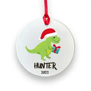 Dinosaur Christmas Ornament - T-Rex with Santa Hat & Gift Design - Personalized Holiday Decoration