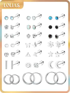 LOLIAS 21-Pairs Female Surgical Steel Flat Back Stud Earrings, 20G Hypoallergenic Screw Back Nap Stack Cartilage Earring Stacks