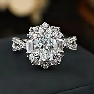 Oval Pigeon Egg Moissanite Halo Ring for Women 2CT 7*9MM D VVS1 Adjustable Band 18K Gold Plated Lab-Created Hypoallergenic Stackable Wedding Engagement Anniversary Gift Fine Jewelry