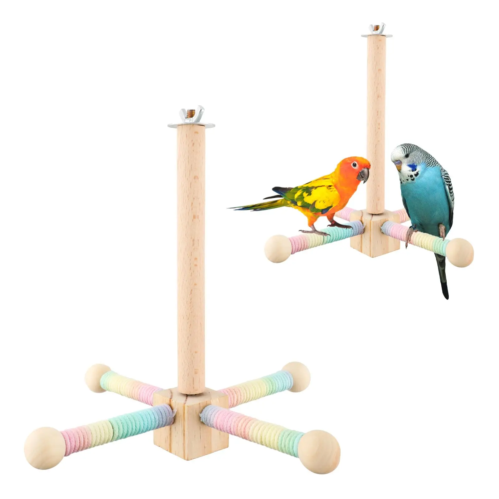 Natural Wood Parrot Perch Swing - 1-Pack Multi-Branch Kit with 360° Spin Swivel, Anti-Slip Texture, Colorful Rope-Wrapped Arms, Rainbow Beads, Hassle-Free Wire Cage Mounting, Dynamic Balance Exercise, Easy DIY Setup, Foraging Aid for Cockatiels, Swings, V