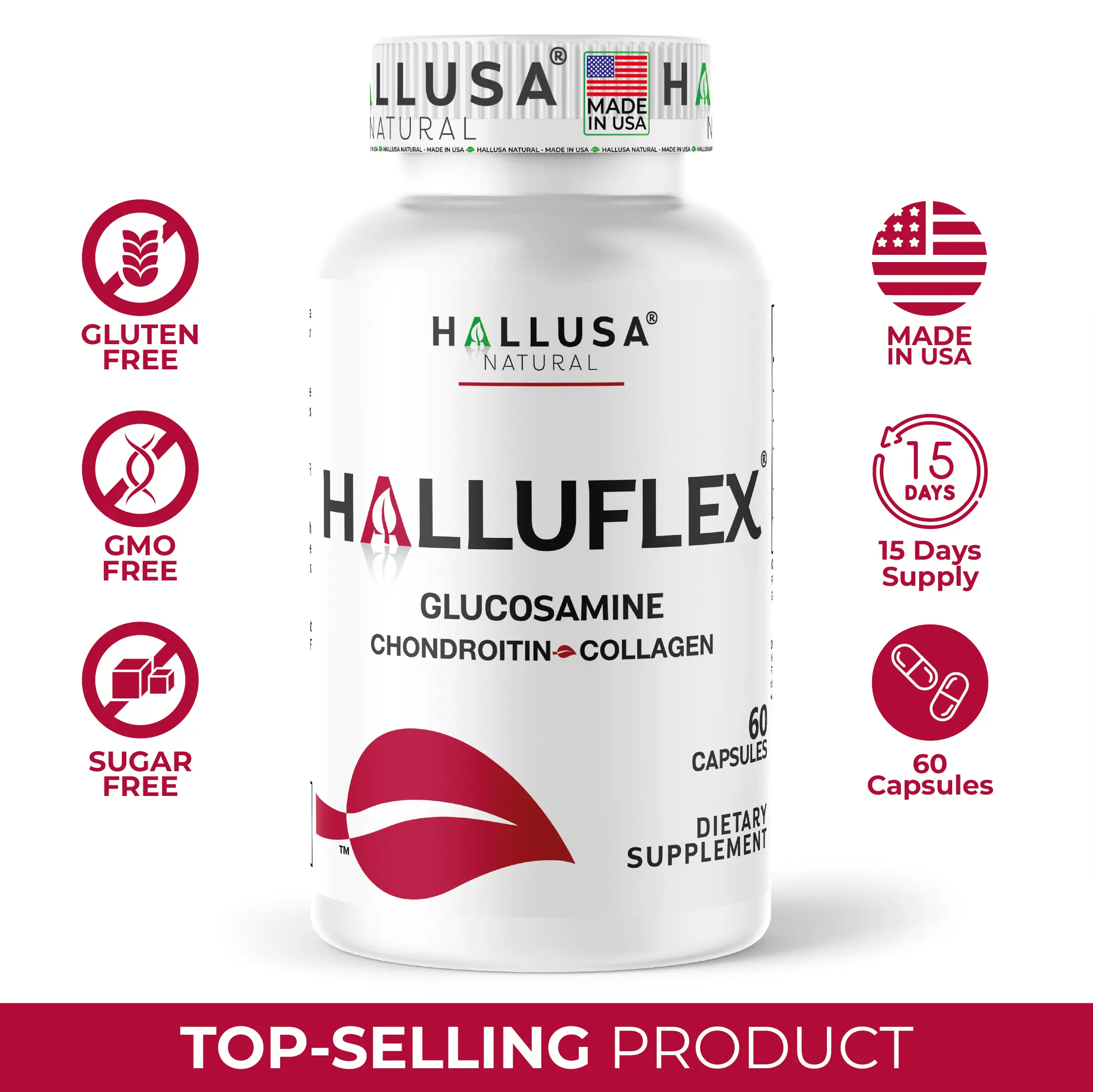 HALLUSA NATURAL Halluflex Glucosamine 1500 mg Supplement with Chondroitin & Collagen 60 Capsules Gluten-Free GMO-Free Sugar-Free Joint Support Made in USA