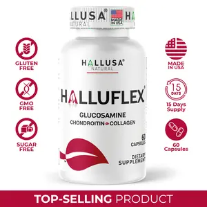 HALLUSA NATURAL Halluflex Glucosamine 1500 mg Supplement with Chondroitin & Collagen 60 Capsules Gluten-Free GMO-Free Sugar-Free Joint Support Made in USA