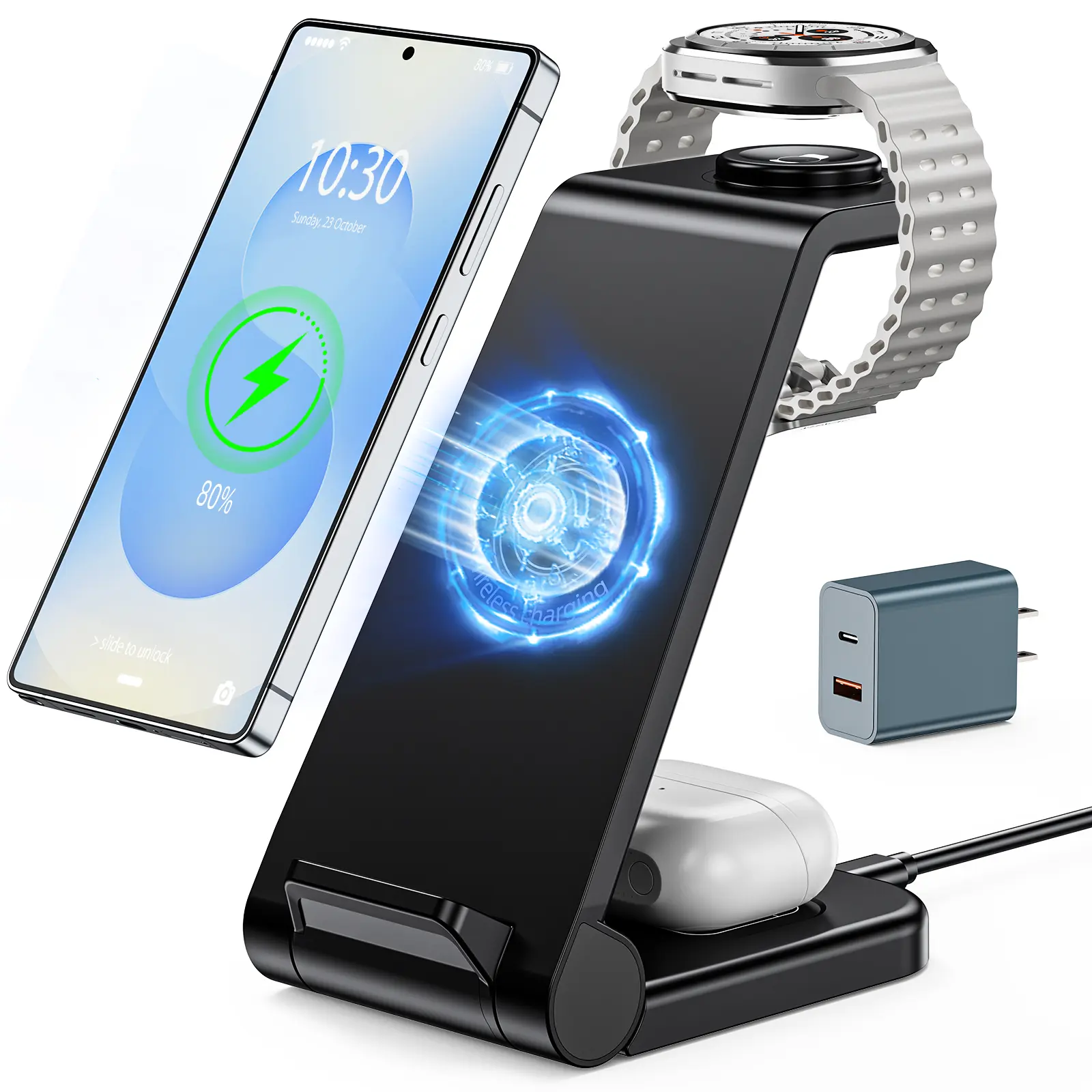 Samsung 3-in-1 Foldable Wireless Charger - 10W Fast Charging for Phones, 2.5W for Watch/Earbuds (Type-C Input)