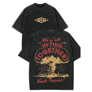 Fallout Oversized Soft Short-Sleeve Cotton Apparel - Round Neck Vintage Washed Distressed Crew Neck Tee, Nuclear Explosion Graphic Retro "We're All In This Together" Fan Streetwear Casual Top for Men, Black Menswear TikTokshopspringglo