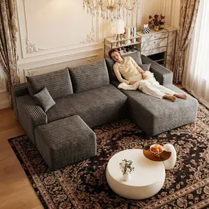 96” U - Shape Boneless Sofa Modular Sectional Cloud Couch with Chaise and Ottoman‌ - Modern Comfy Corduroy couches for Living Room - Memory Foam Sofa, No Assembly Required(Dark Grey)