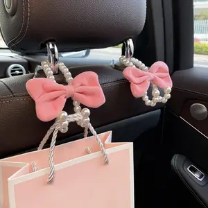 Car hook, pink bow-shaped pearl style, car front seat backrest hook, car decorative product, interior multi-functional small hook, women's style, festival gift，Caraccessory, Car Accessories Women, Car Hanger