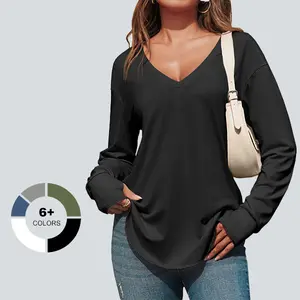 Imily Bela Women's Deep V Neck Tunic Tops Long Sleeve Oversized Casual Loose Fit Curved Hem T Shirts Breathable Soft Stretchy
