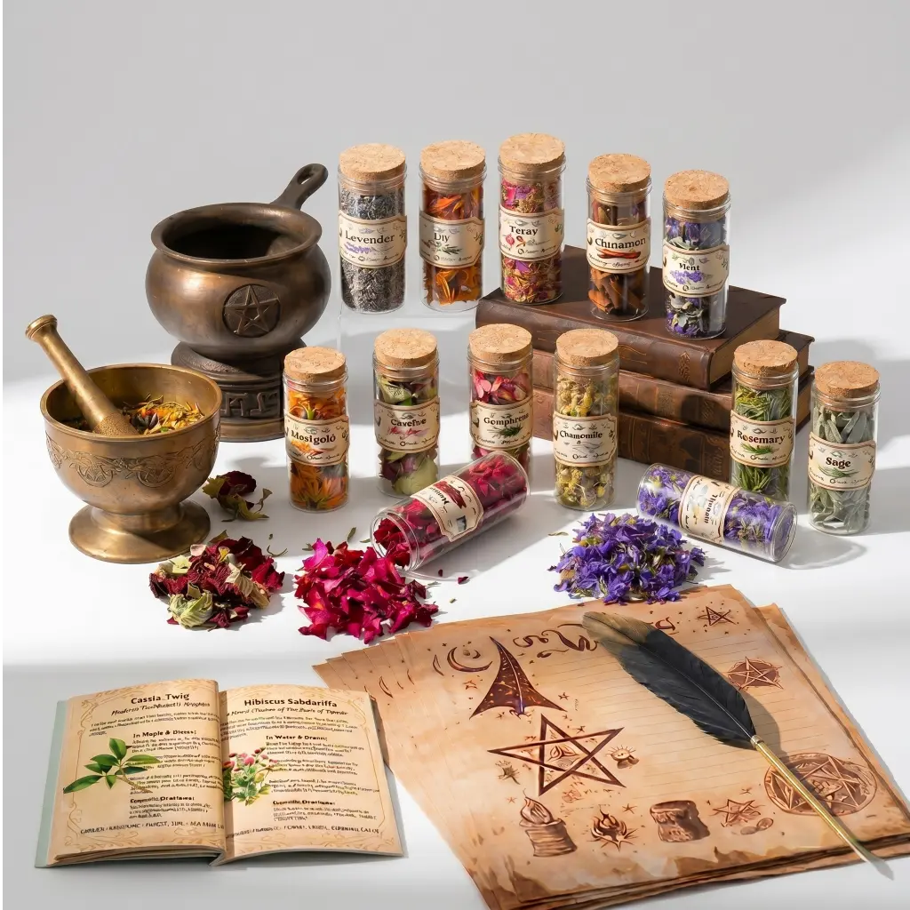 30-Jar Witchcraft Herb Kit for Beginners - Dried Herbs & Flowers with Spell Guidebook, Ritual Tools, Crystal Spoon. Perfect Wiccan Altar Gift Set.
