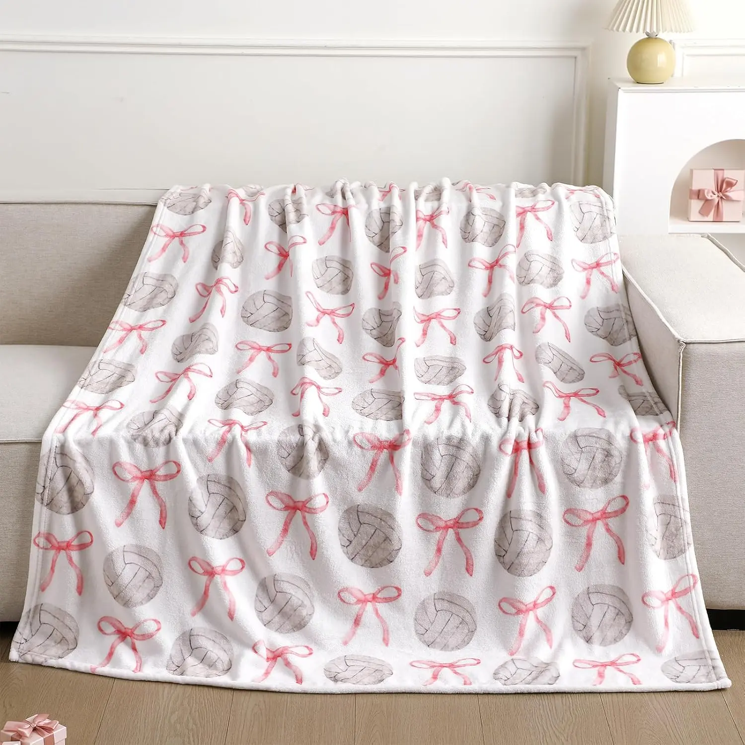 1pc Pink Bow Volleyball Flannel Blanket Cute Christmas Soft Comfortable Blanket for Couch Sofa Bed Decoration Bowknot Design Blanket Gift Birthday Present