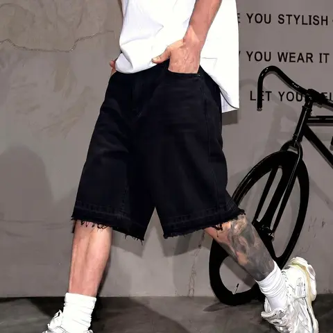 Men's Loose Fit Vintage Shorts, Y2K Street Style Streetwear, Cotton Material, Plain, Slant Pocket Design, Summer Wear, Relaxed Fit, Trendy and Versatile, Menswear
