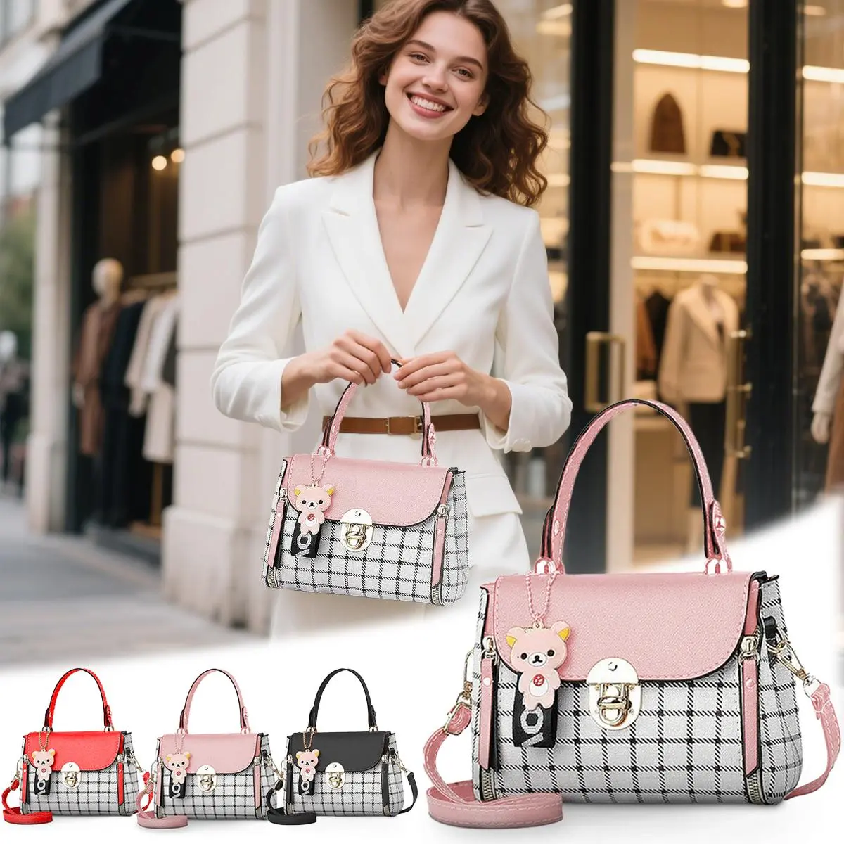 Mini Crossbody Bag with Bear Charm Faux Leather Plaid Purse Compact & Stylish Daily Bag Cute Gift for Girls & Women