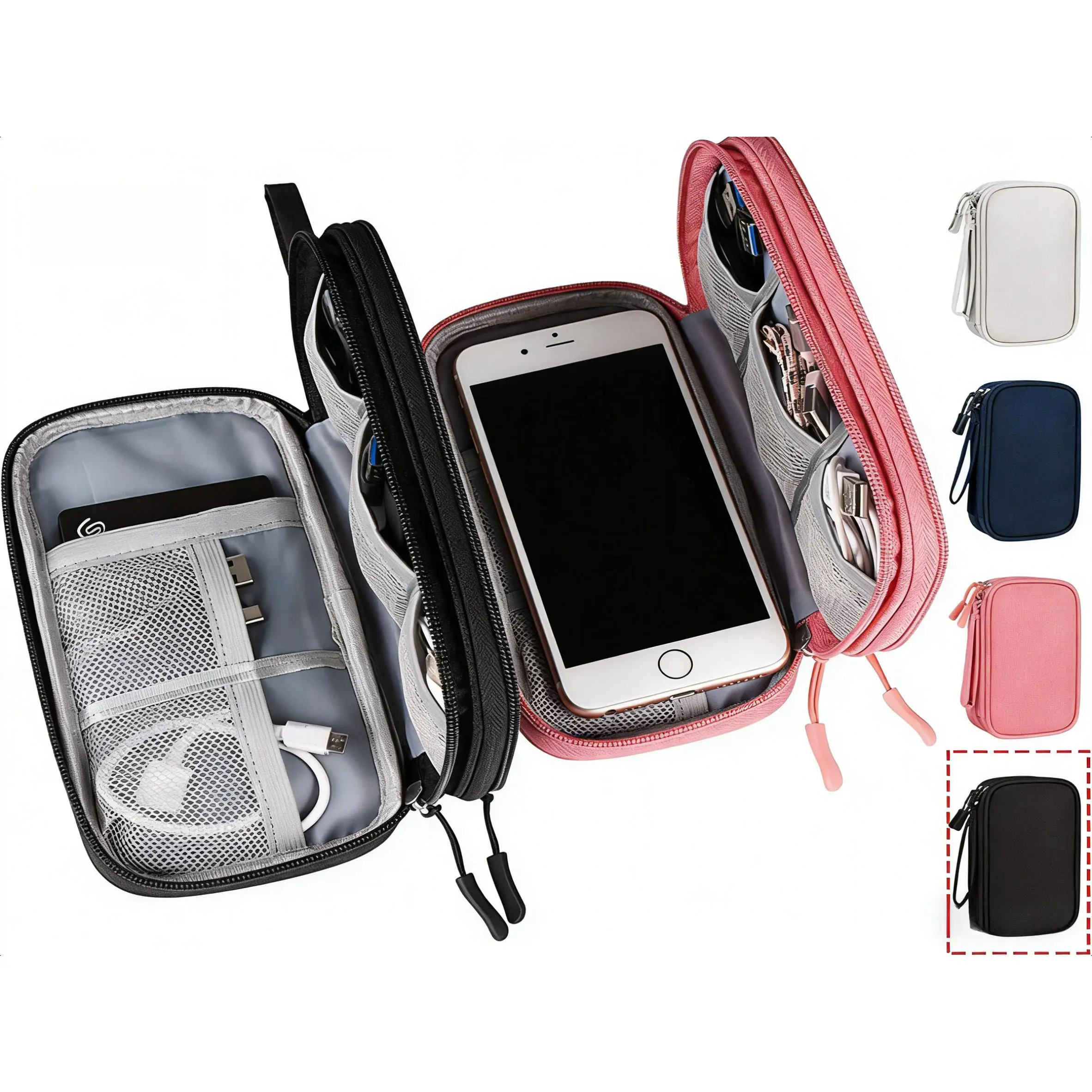 Bodeo Practical Electronic Bag - Premium Material, Lightweight, Heavy-Duty Shockproof Waterproof Fabric Double-Compartment Compact Storage Case (7.5in L x 4.3in W x 2.2in H) for Car Interior Power Bank, USB Cables, Chargers, Computer Accessories