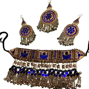Afghan Kuchi Jewellery Set - Blue Crystal Matha Patti Earrings & Necklace for Youth Handmade with Traditional Afghan Detailing Perfect for Mehndi Bridal Festival and Cultural Events