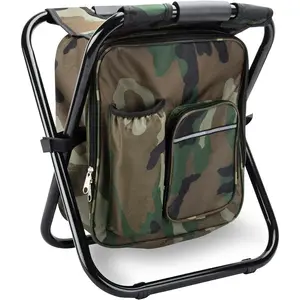 Folding Stool Backpack Insulated Cooler Bag, Collapsible Camping Hunting Fishing Multifunction Chair with Front Pocket and Bottle Pocket for Outdoor Events, Hiking, Travel, Beach