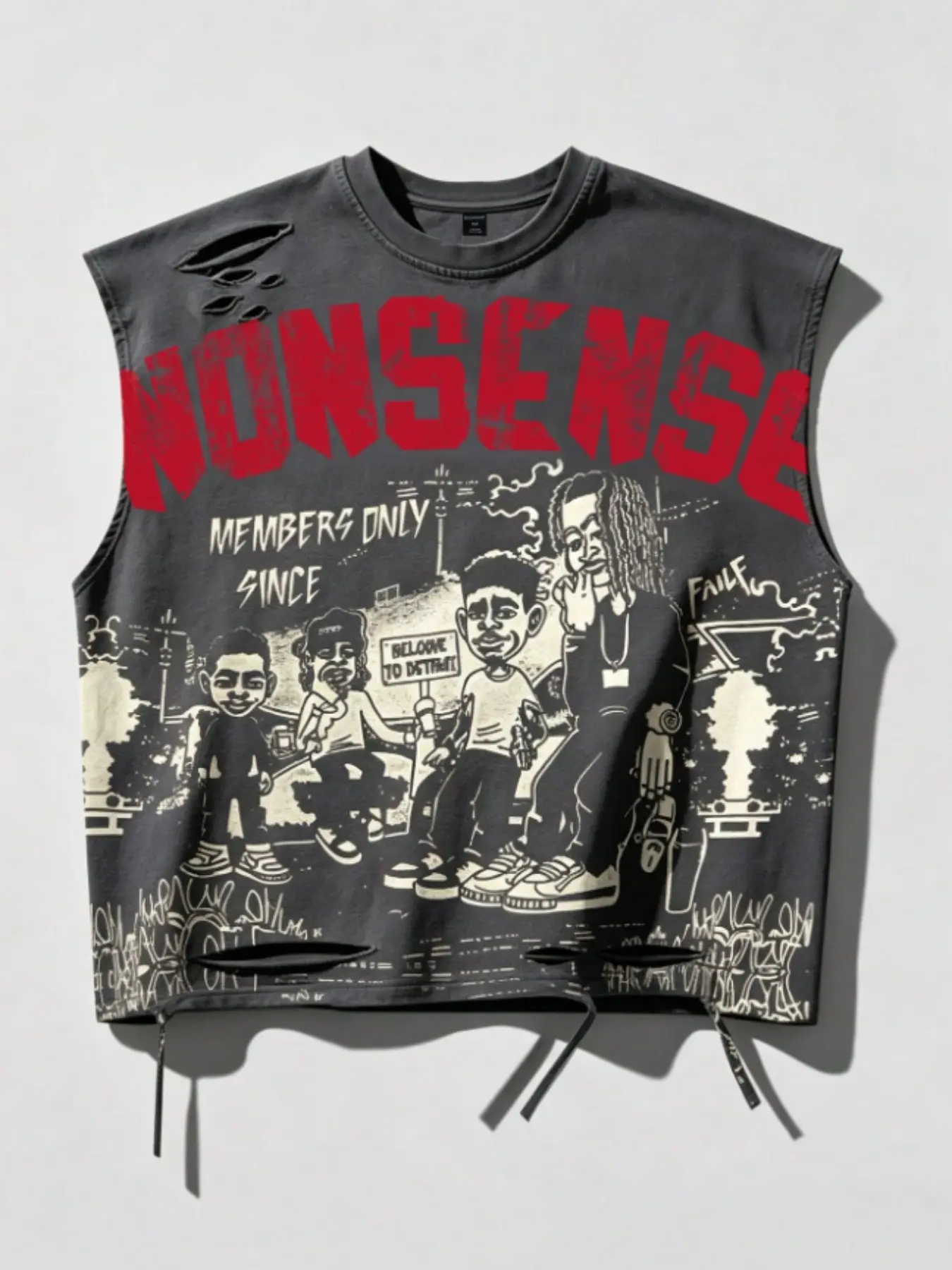 Unisex Cut-Out Sleeveless T-Shirt, Aesthetic Hip-Hop Print Streetwear Top, Trendy Fashion Vest