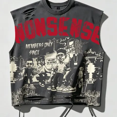 Unisex Cut-Out Sleeveless T-Shirt, Aesthetic Graphic Hip-Hop Print Top, Trendy Fashion Vest, Casual Fashion Clothing