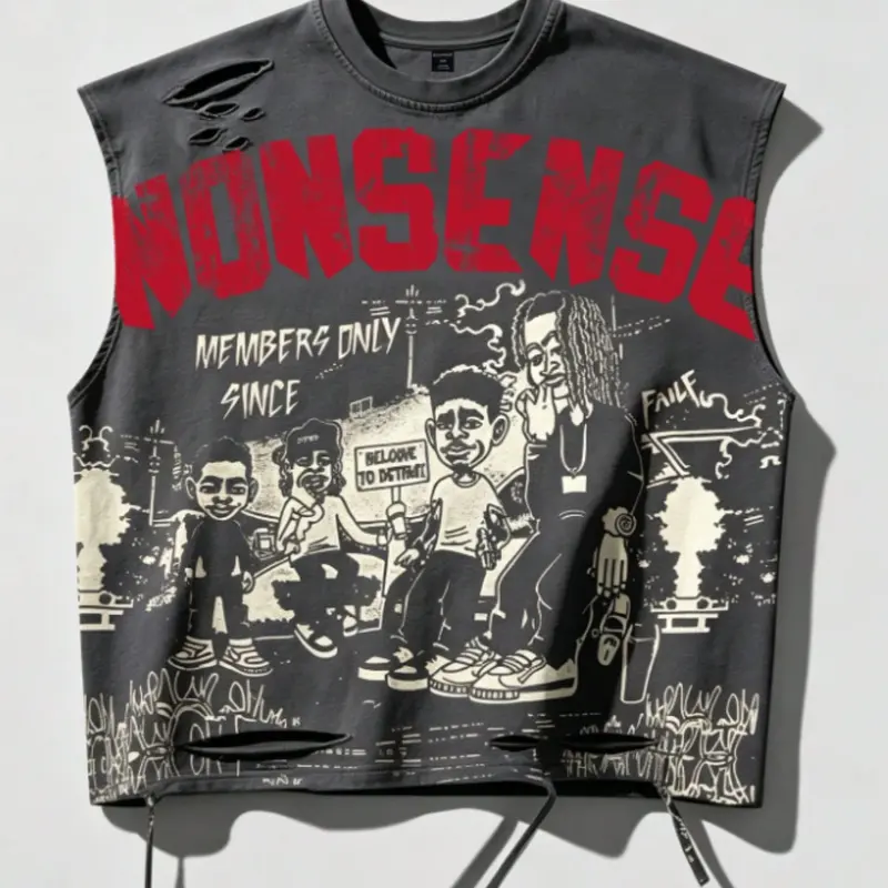 Unisex Cut-Out Sleeveless T-Shirt, Aesthetic Graphic Hip-Hop Print Top, Trendy Fashion Vest, Casual Fashion Clothing