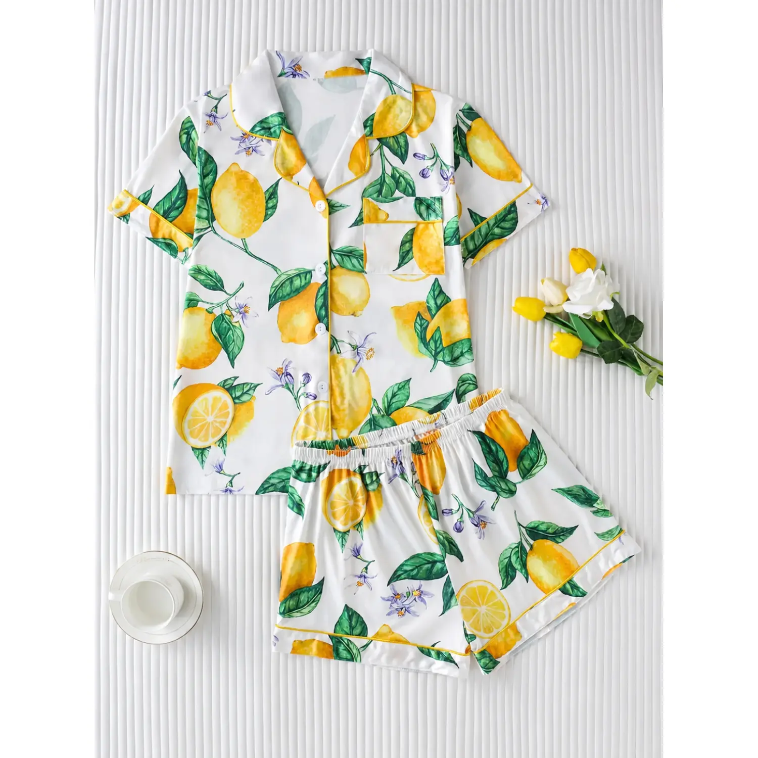 Elegant Women's Lemon Print Sleepwear Set: Collared Short Sleeve Top & Loose Shorts Pajama Outfit