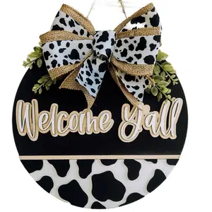 Welcome Y'all Door Sign with Cow Print Bow and Greenery Decor for Home Entrance