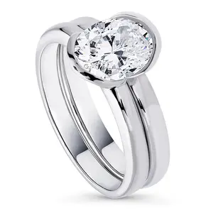 BERRICLE Sterling Silver Solitaire Wedding Engagement Rings Stackable Band for Women, 1.8 Carat Half Bezel Set Oval Cut Cubic Zirconia CZ Ring Set