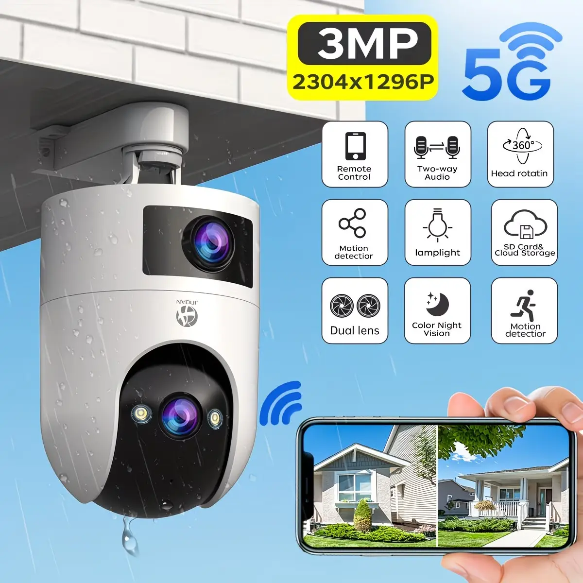 【JOOAN 5G/2.4G WiFi Dual-lens Security Camera】360° PTZ Rotation, 2K High Resolution + Two-way Audio, Smart Mobile Tracking, IP66 Waterproof, Mobile APP Control, Audio/motion Alarm, 24/7 recording, Wall-mounted Surveillance Camera