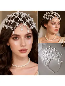 European and American best-selling mesh fringe pearl hairband, Bridal banquet temperament diamond-embedded hair chain, versatile women's hair accessories