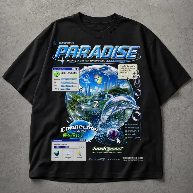 Y2K Frutiger Aero Graphic Tee | Oversized 2000s Webcore Cyberpunk Streetwear Shirt, Glitch Art Dreamy Retro Design Unisex T-Shirt