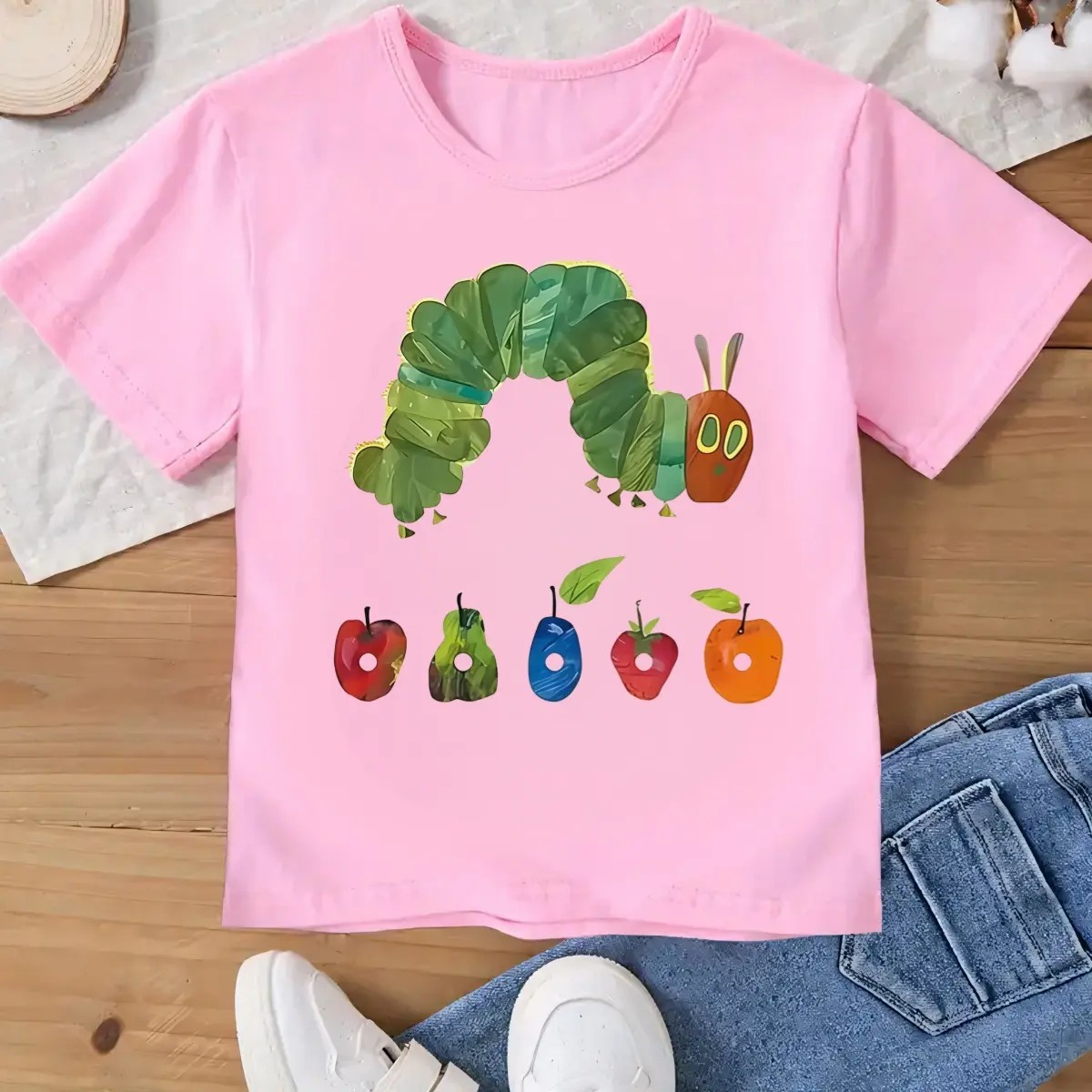 Caterpillar Apple Cute Cartoon Images Kids Girls T-shirt 100% Cotton Crew Neck Short Sleeve For Outdoor