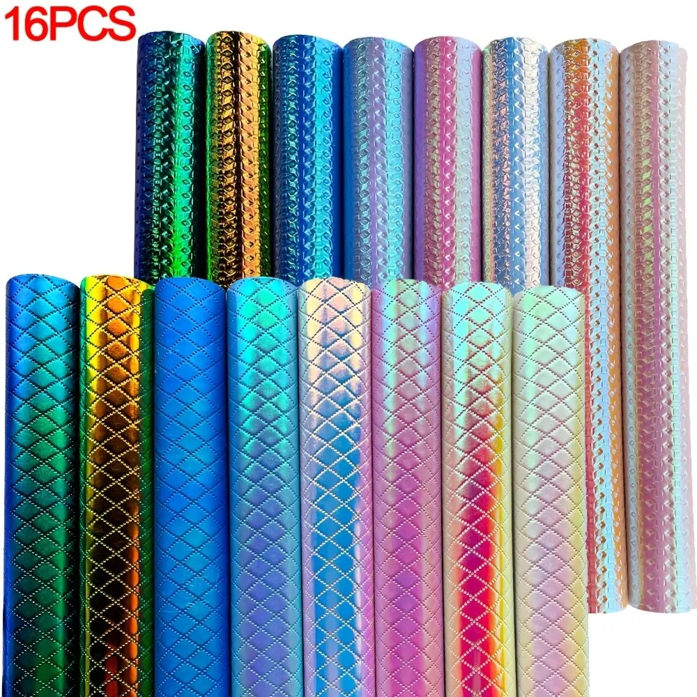 16 Rainbow Holographic PVC Fabric Backing, Rhombus Embossed Pattern, Laser Rainbow Vinyl for DIY Quilting, Bow Jewelry Making, Crafts, A4 Size, Pu Leather Material