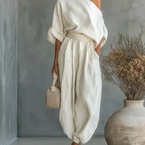 2-piece set: off shoulder loose top and jogging pants | Women's casual minimalist style, high-end lazy and chic atmosphere, suitable for city vacations, relaxed business leisure and other occasionsRAIMENTRY