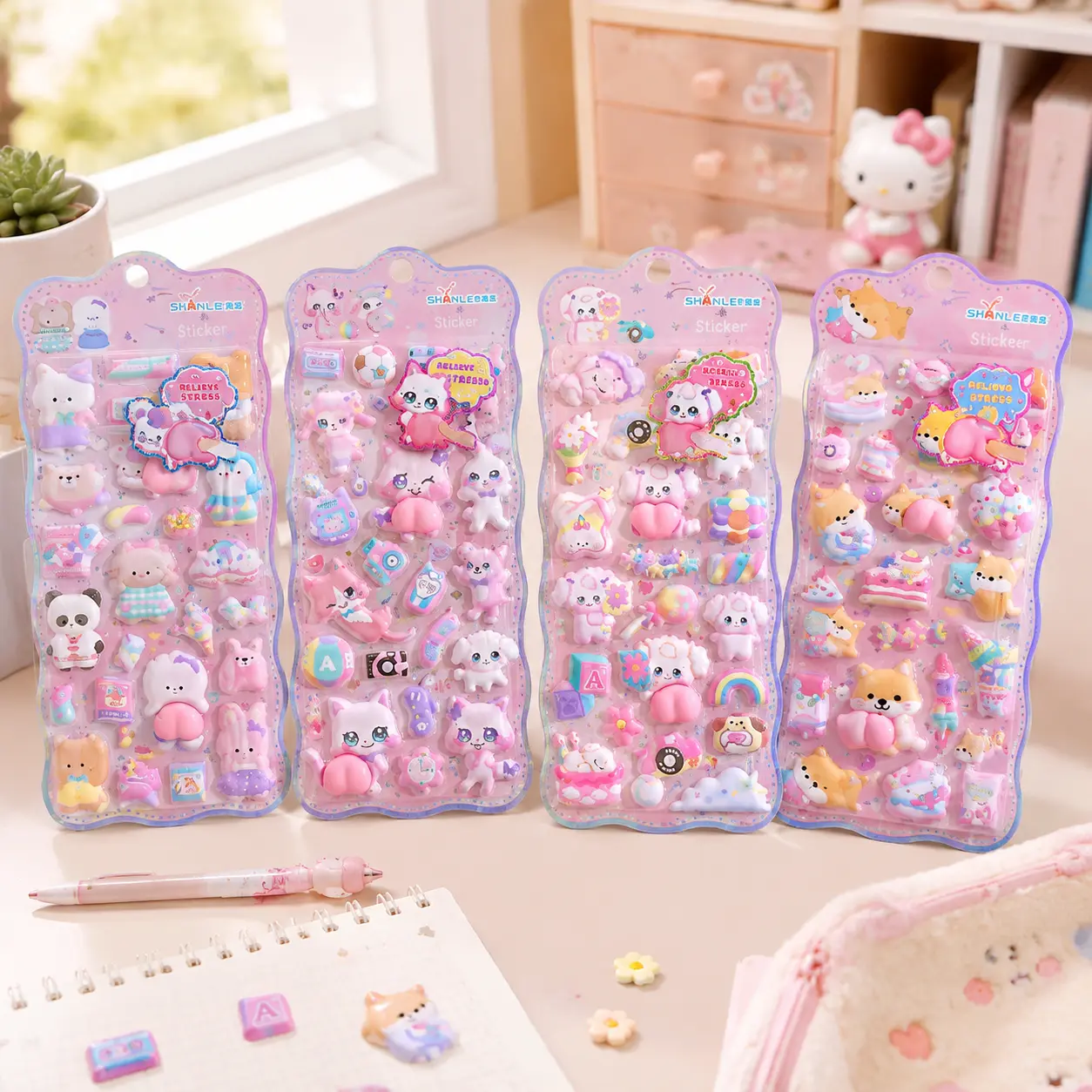 Unisex 3D Puffy Kawaii Stickers Set - Polycarbonate Decal Sheet with Playful Faces, Cute Squishy Character Decor for DIY Phone Case, Scrapbooking