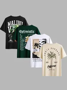 Men's 4-Piece Beach Tropical Coconut Tree Print Round Neck Short Sleeve Long Fitted T-Shirt Set, Casual Comfortable Summer Outdoor Wear