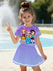Girls Casual K-Pop Printed Summer Set, 3D Round Neck Short Sleeve T-Shirt & Skirt, Indoor and Outdoor Wear, Fitted Style