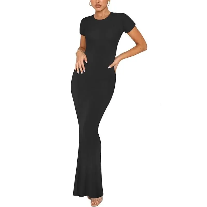 Women's Elegant Plain Bodycon Midi Dress - 95%Polyester5%Spandex Stretch Polyester, Short Sleeve Crew Neck, Soft Breathable, Comfortable, Easy to Maintain, Fit, Above the Knee, Flattering Chic Curves for Summer Evening Going Out
