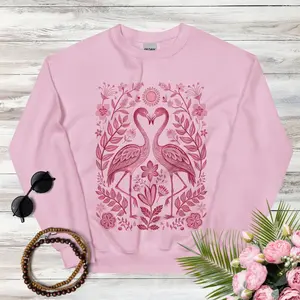 Vintage Flamingo Graphic Sweatshirt/Hoodie/T-Shirt Gift Unisex, for Men WomenMonochrome Pink Bird Watcher Sweater Folk Art Avian Shirt Hippie Floral Gift Block Print Jumper B09
