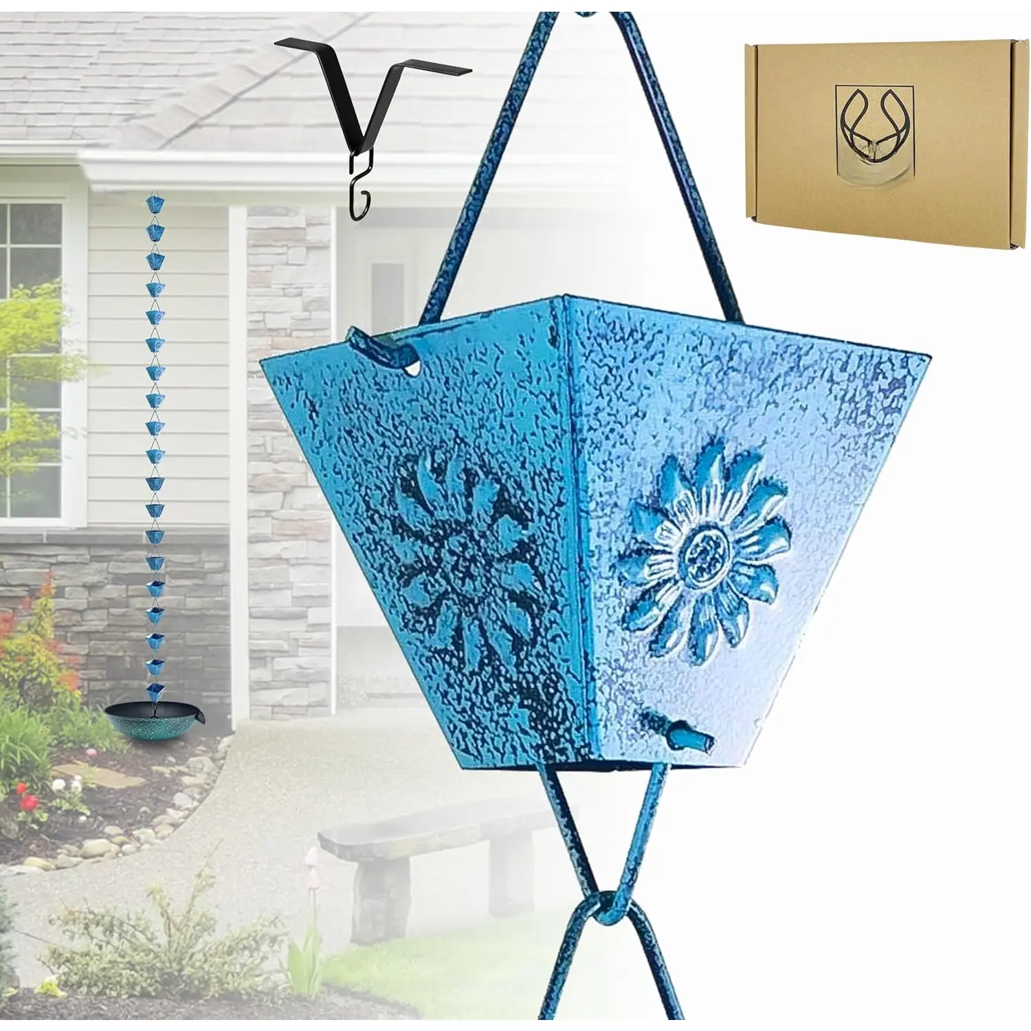 8.5 FT Decorative Rain Chains for Gutters - Patina Square Cups, Gutter Clip Included, Durable Rainwater Catcher & Diverter for Roof Downspout, Entryway Garden Use, Boosts Curb Appeal